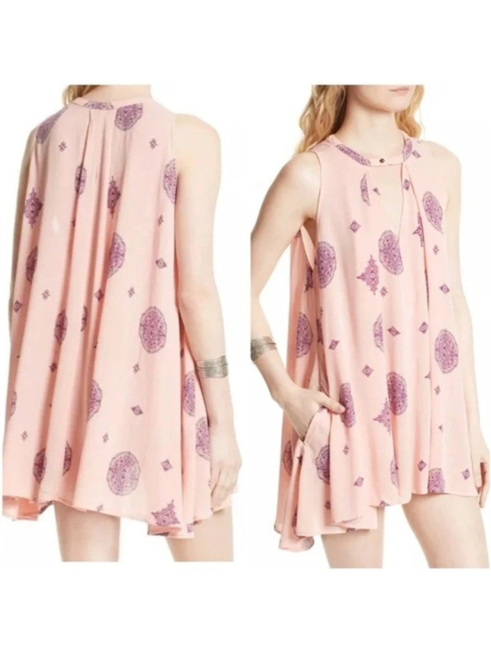 FREE PEOPLE Printed Rayon Oversized BOHO Swing Tunic TOP DRESS Pockets sz S